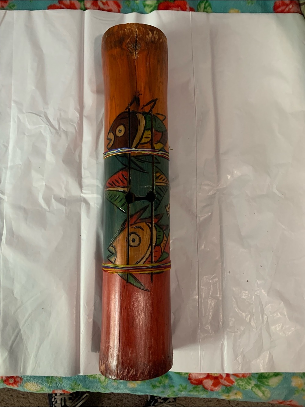 Vintage Native Handmade Log Bamboo Drum Hand Painted